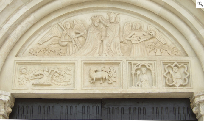 Zenone da Campione, Relief Krönung Mariens über dem Nordportal, Spilimbergo (I), 1376